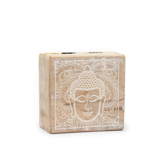 Kleine Quadratische Box 10x10x4,2cm Buddha Gesicht Weißgewaschen