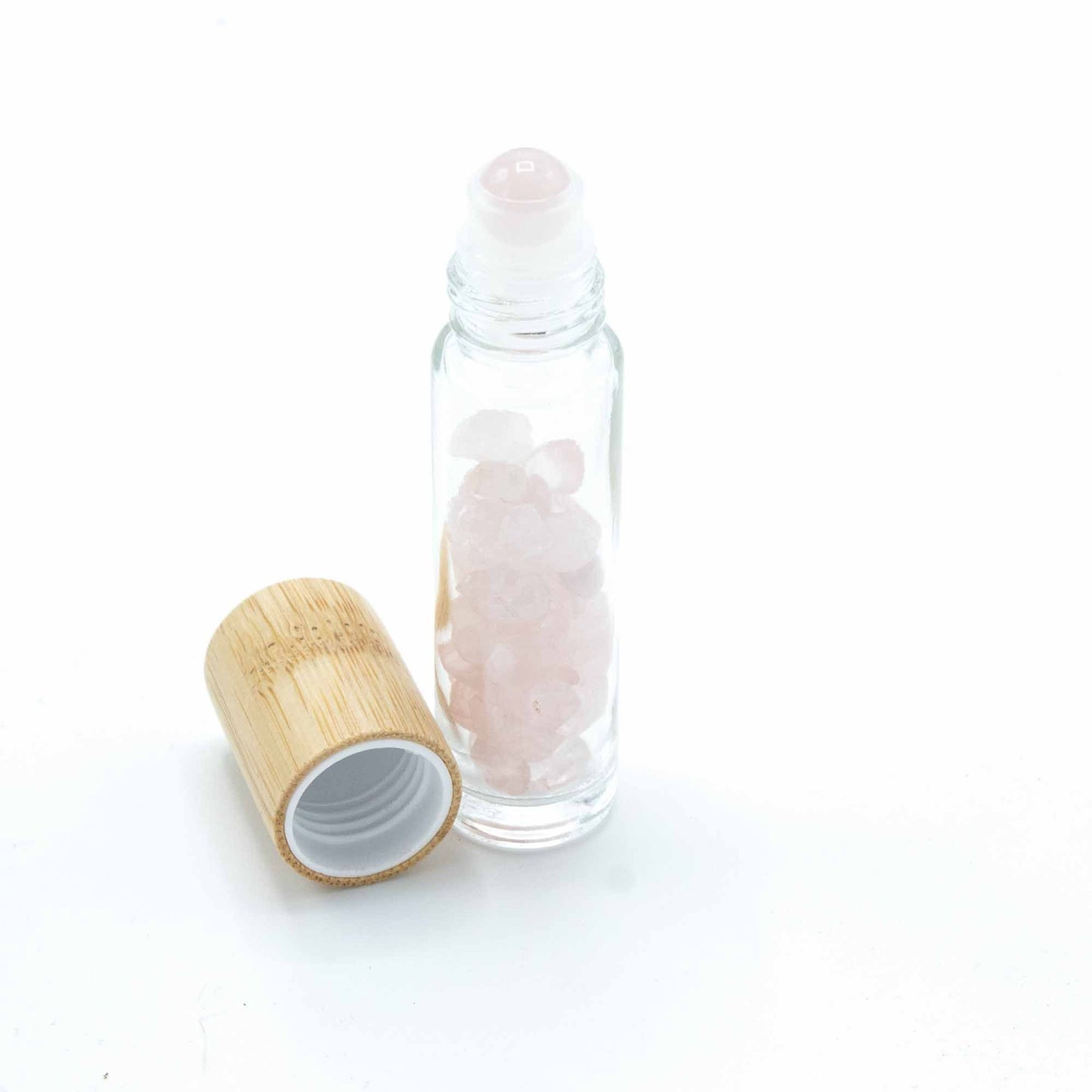 Edelstein Ätherisches Öl Roll-On Flasche - Rosenquarz - Holzverschluss + Edelstein Rollerkopf für 5ml Flasche - Rosenquarz