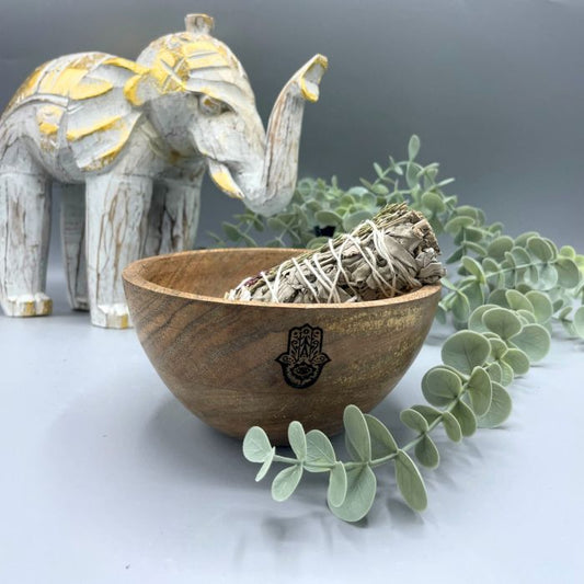 Holz Räuchergefäß und Ritualopfer Schale - Hamsa - 14x7cm