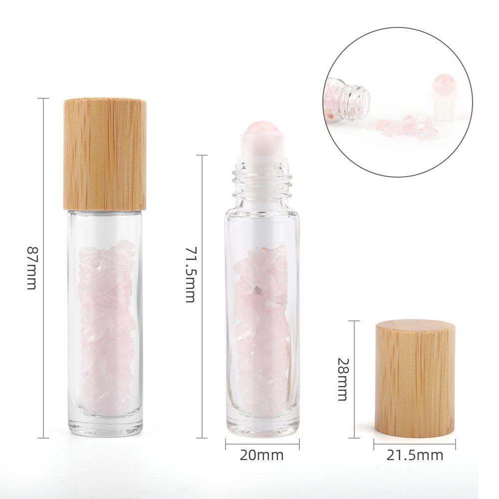 Edelstein Ätherisches Öl Roll-On Flasche - Rosenquarz - Holzverschluss + Edelstein Rollerkopf für 5ml Flasche - Rosenquarz