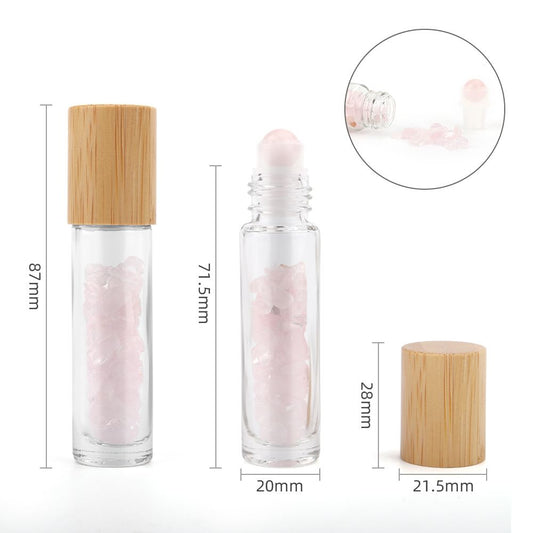 Edelstein Ätherisches Öl Roll-On Flasche - Rosenquarz - Holzverschluss + Edelstein Rollerkopf für 5ml Flasche - Rosenquarz
