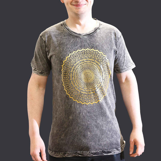 Kleines Steinwasch Mandala T-Shirt Dunkelgrau