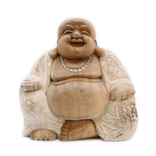 Händisch Eingeschnitzte Buddha Statue 30cm Glücklich Weißgewaschen