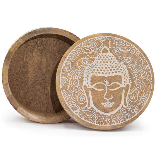 Große Runde Box 17,5x7,5cm Buddha Gesicht Weißlack