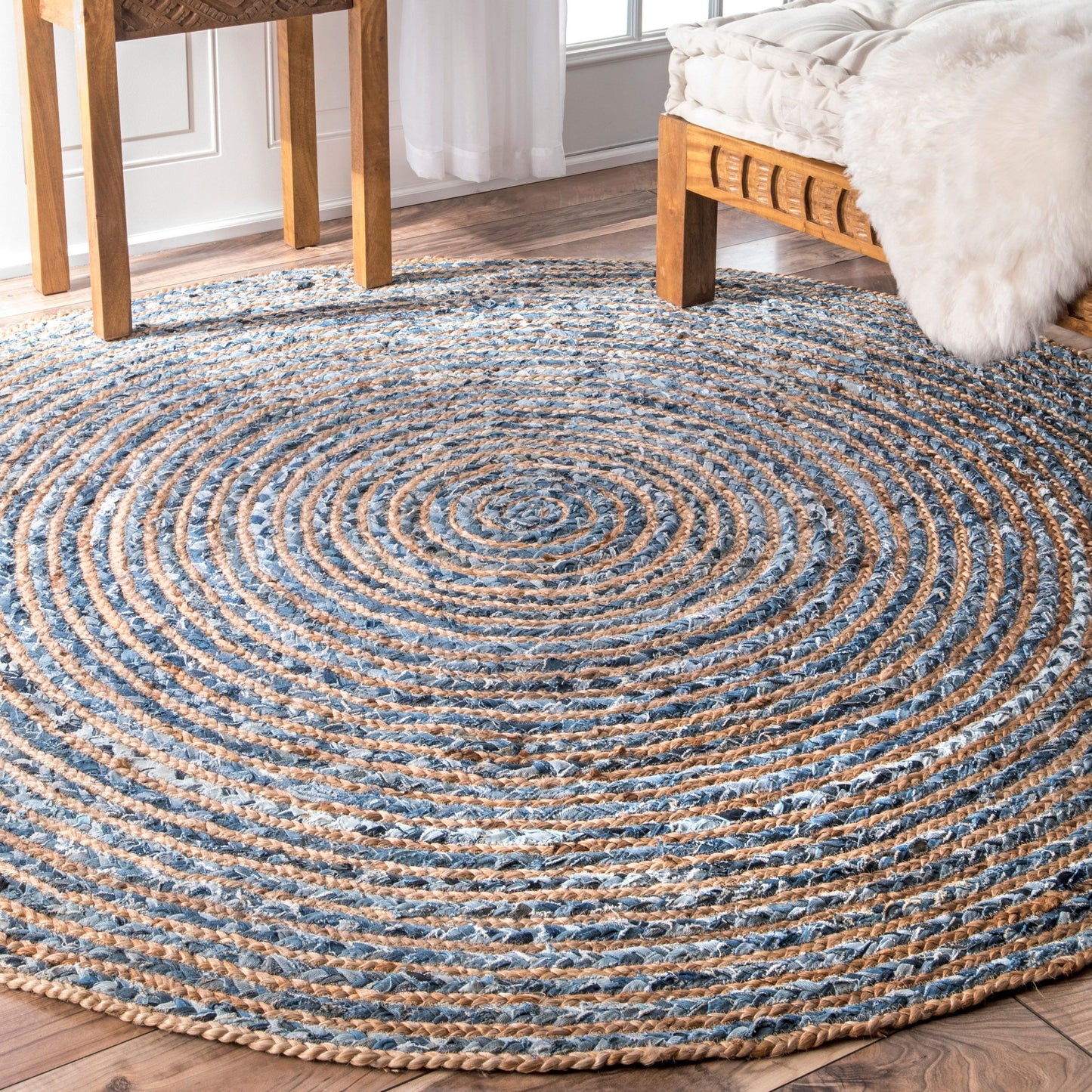 Runder Jute Und Recycelter Denim Teppich 150 Cm