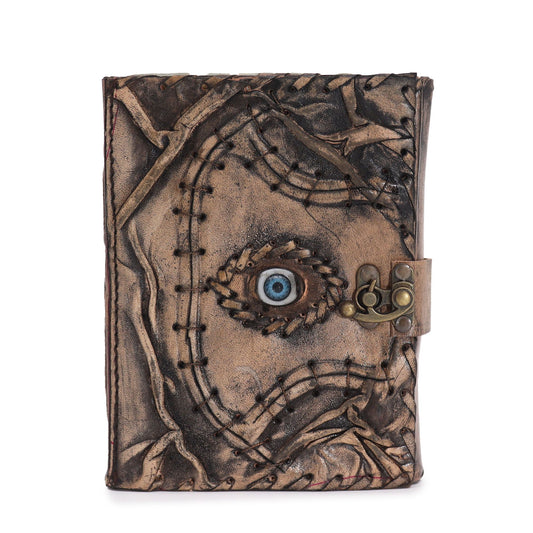 Braunes Tan Buch - Böse Augen Dekor - 160 Deckle Kanten Seiten - 17x12,5cm
