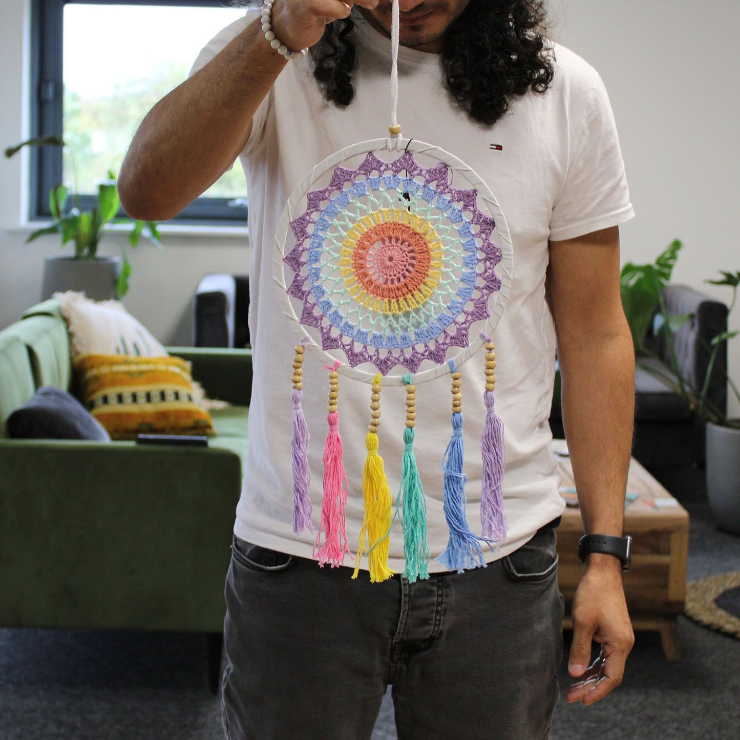 Kleiner Traumfänger 22x56cm Pastell Regenbogen