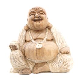 Handgefertigte Buddha Statue 40cm Glücklich Weißgewaschen