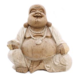 Handgeschnitzte Buddha Statue 50cm Glücklich Weißgewaschen