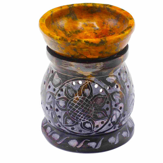 Seifenstein Öl Burner 10cm - Mandala Blume - Schwarz und Gelb