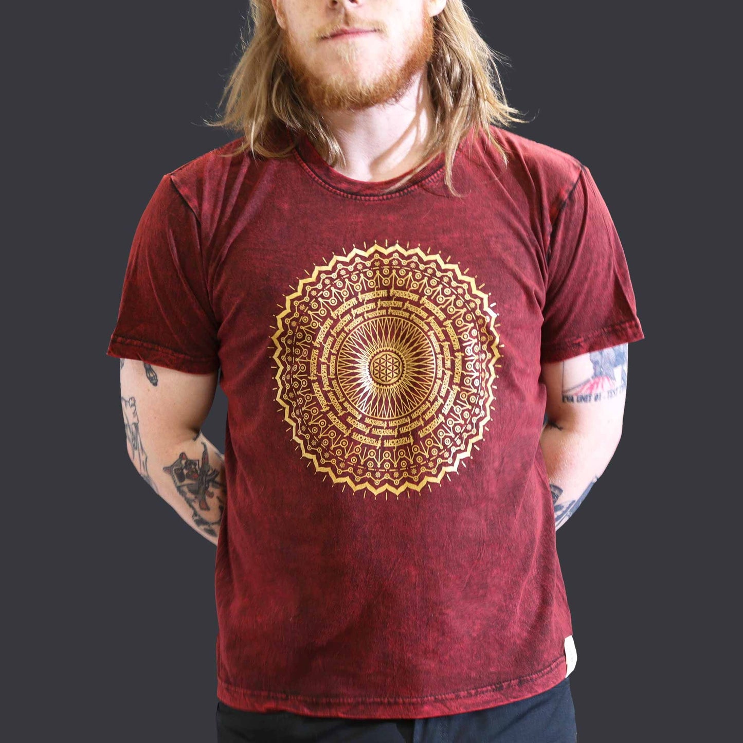 Großes Stein-Waschen T-Shirt Mandala Maroon