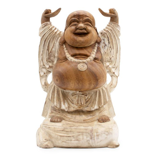 Handgeschnitzte Buddha Statue 40cm Mit Hochgehobenen Händen In Weißwaschung