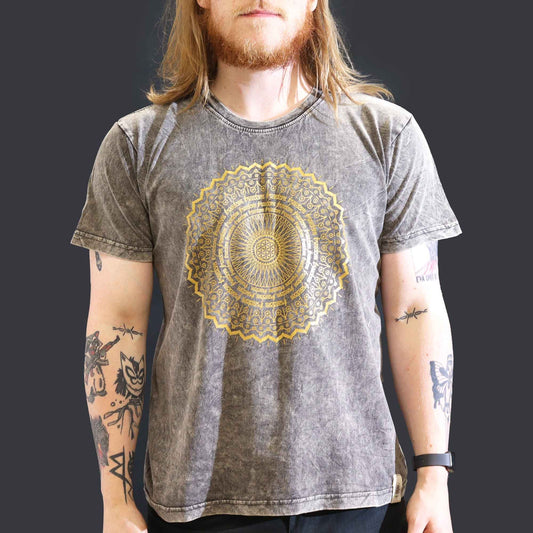 Großes Steingewaschenes T-Shirt Mandala Dunkelgrau