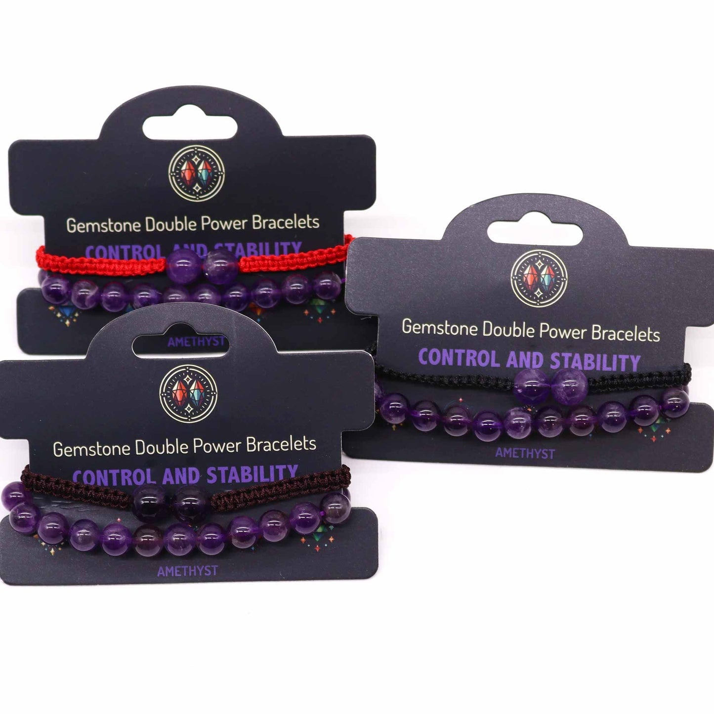 Edelstein Doppelpower Armbänder Amethyst Set Mit Verstellbarem Schnurarmband In Dunkelbraun Schwarz Und Rot