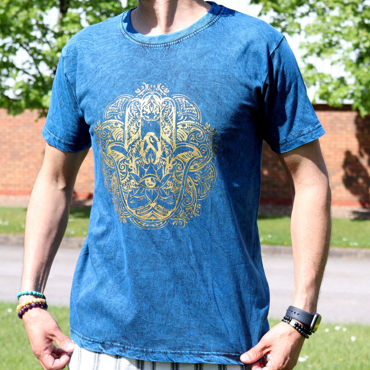Mittleres Steinwasch T-Shirt Hamsa Blau