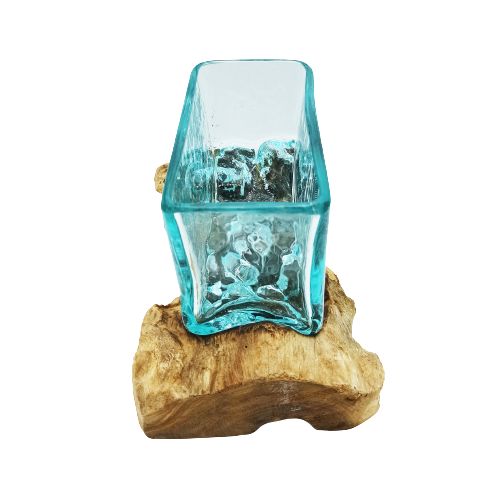 1x Geschmolzenes Glastank Auf Holz Mit Ständer - Große Schüssel