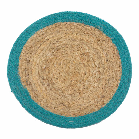 Natürliche Platzmatte Jute und Baumwolle 30cm Teal Rand