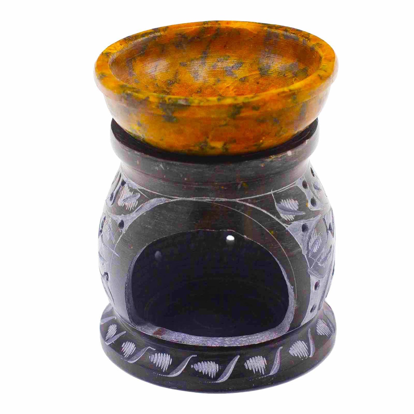 Seifenstein Öl Burner 10cm - Mandala Blume - Schwarz und Gelb