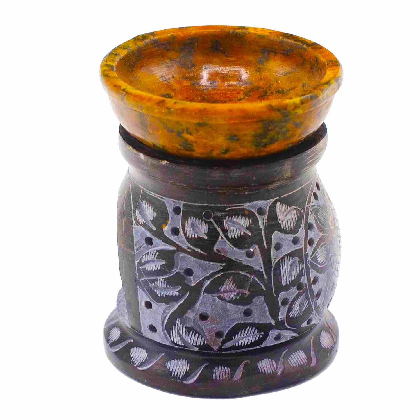 Seifenstein Öl Burner 10cm - Mandala Blume - Schwarz und Gelb