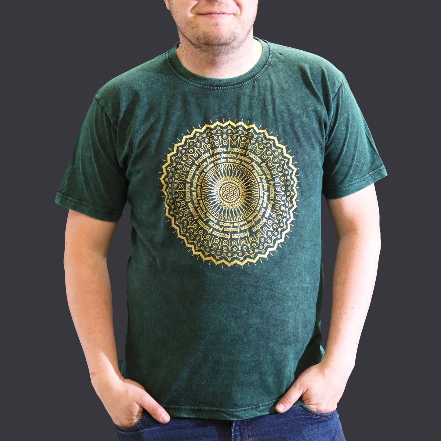 XLarge Stein-Gewaschenes T-Shirt Mandala Grün
