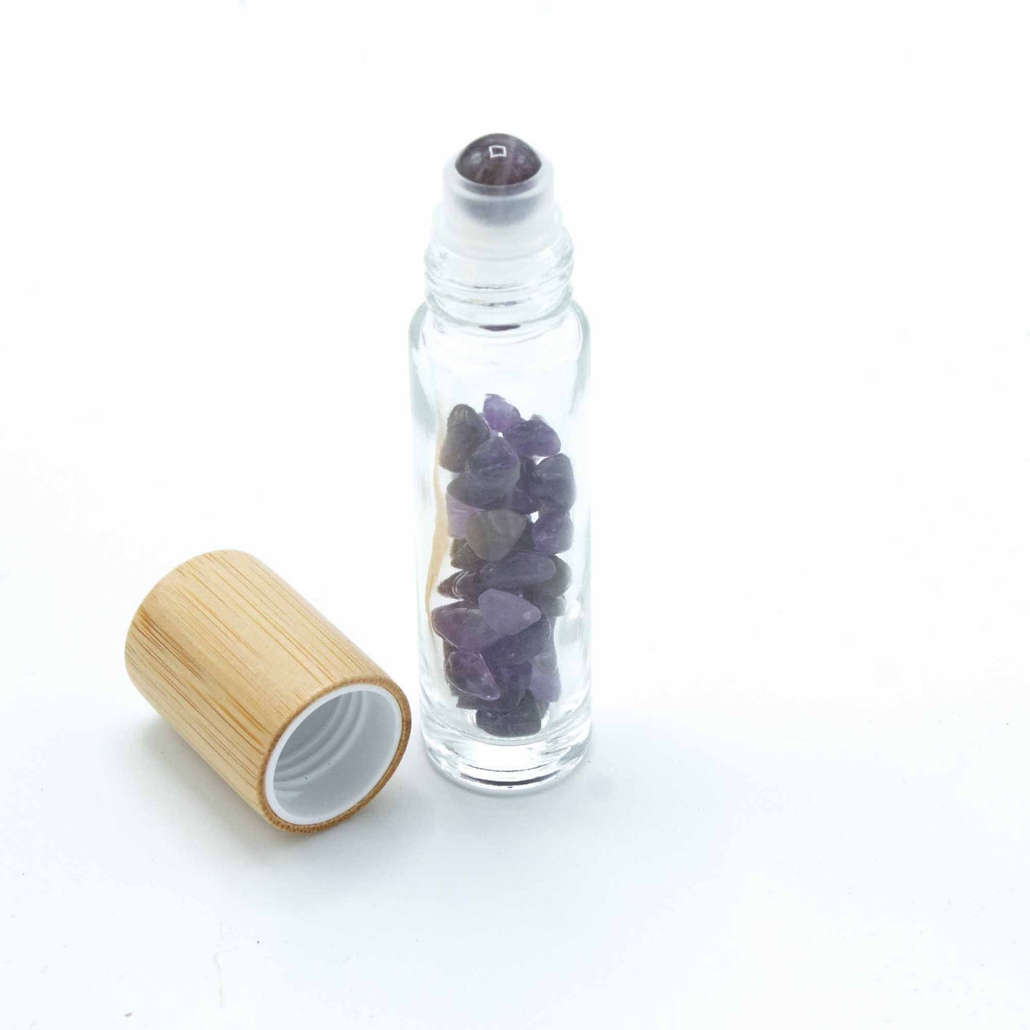 Edelstein Ätherisches Öl Rollflasche - Amethyst - Holzdeckel + Edelstein Rollkopf für 5ml Flasche - Amethyst