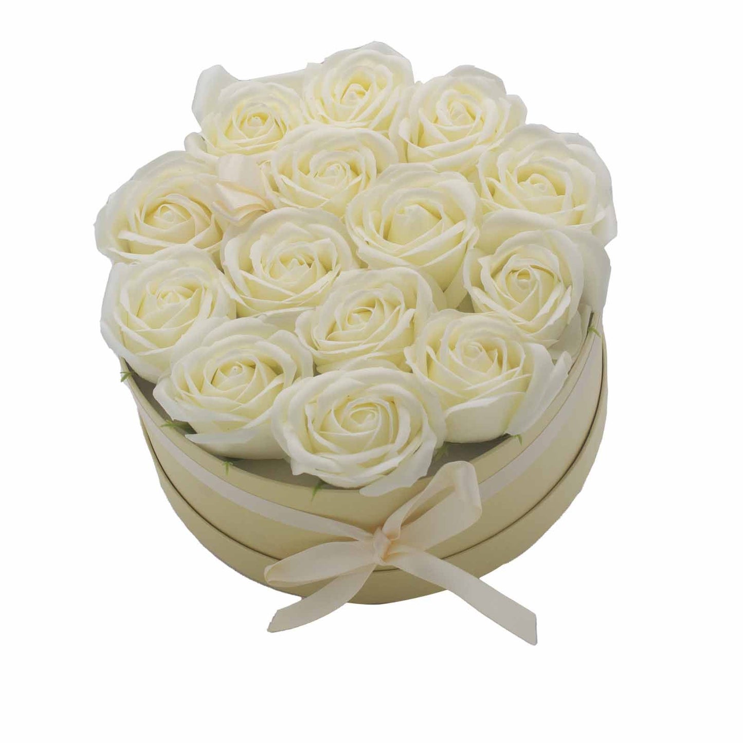 Seifenblumen Geschenkstrauß - 14 Creme Rosen - Rund