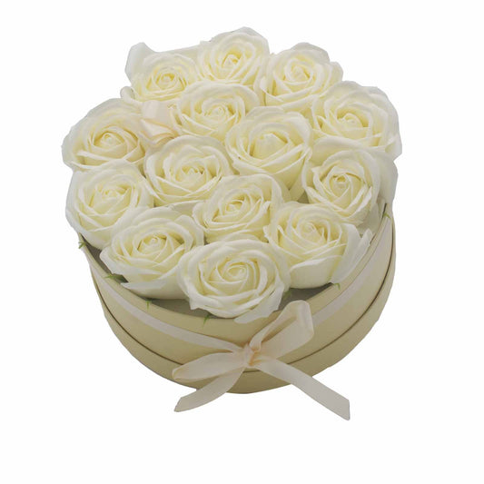 Seifenblumen Geschenkstrauß - 14 Creme Rosen - Rund