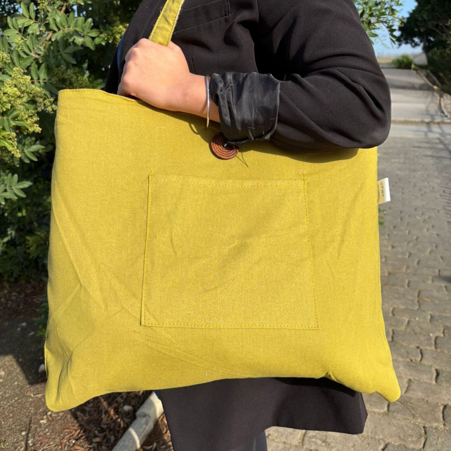 Umkehrbare Jute Und Baumwolle Große Tasche - Pistazie