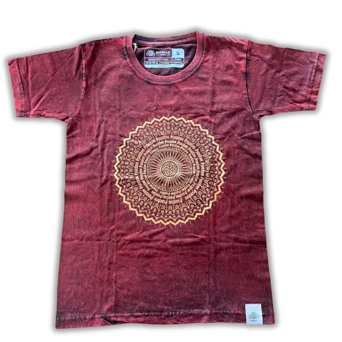 Großes Stein-Waschen T-Shirt Mandala Maroon
