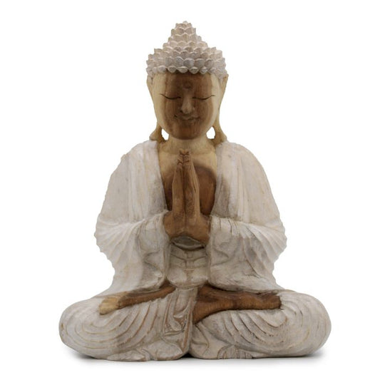 Handgeschnitzte Buddha Statue 30cm Willkommen Weißgewaschen