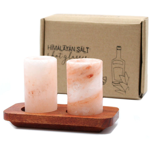 Set Mit 2 Himalayan Salz Shot Gläsern Und Holz Servierständer