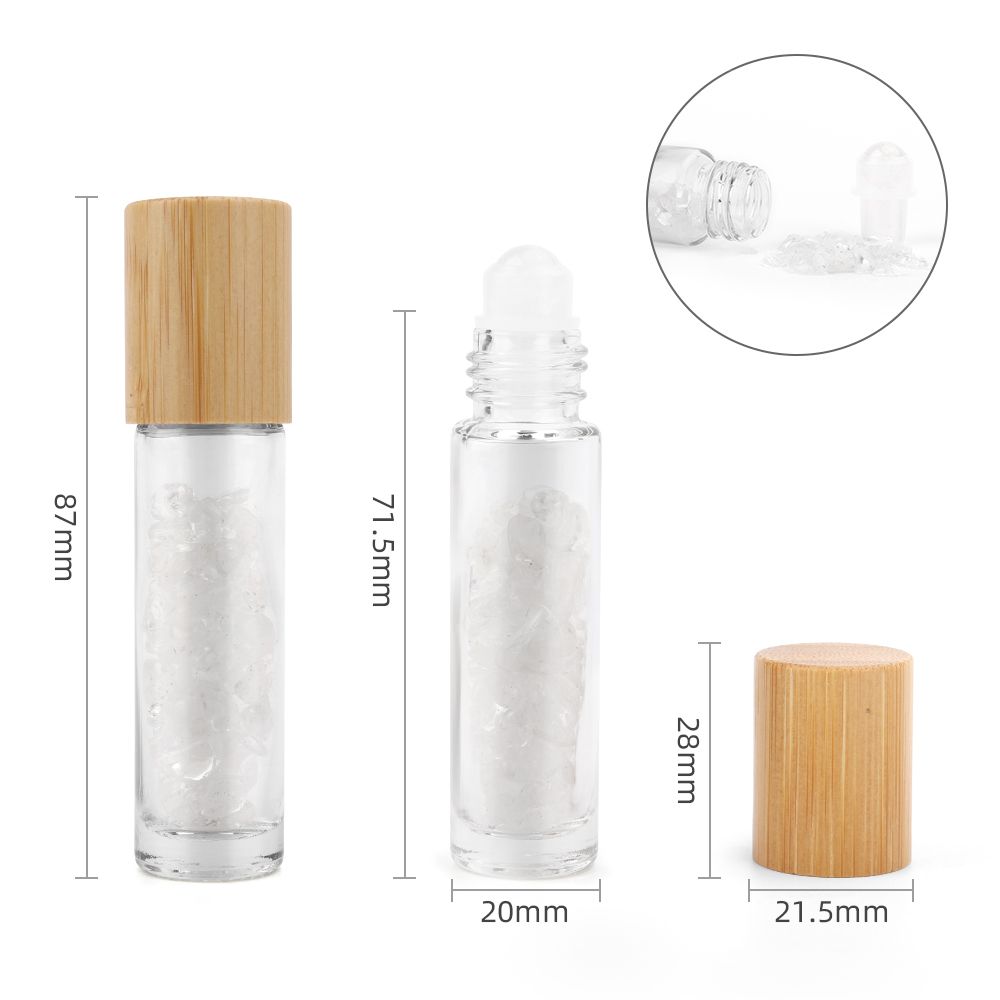 Edelstein Ätherisches Öl Rollerflasche - Bergkristall - Holzdeckel + Edelstein Rolleraufsatz für 5ml Flasche - Bergkristall