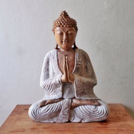 Handgeschnitzte Buddha Statue 40cm Willkommen Weißgewaschen